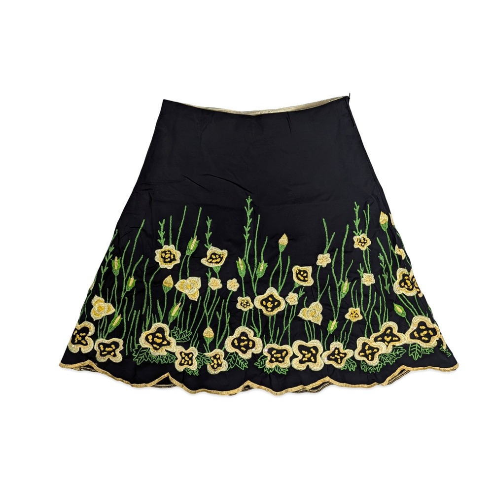 Basil & Maude Black Yellow Embroidered Flower Skirt Sequins A-Line Y2K Size 2